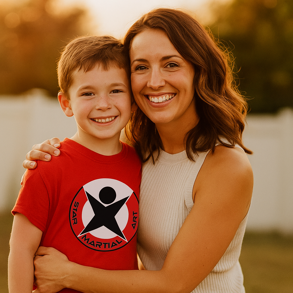 Star Martial Arts student running to hug mom at pickup