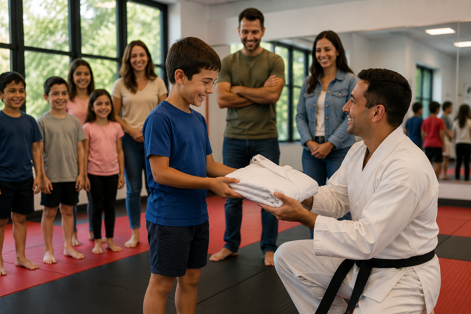Instructor handing a free T-shirt to a smiling birthday guest